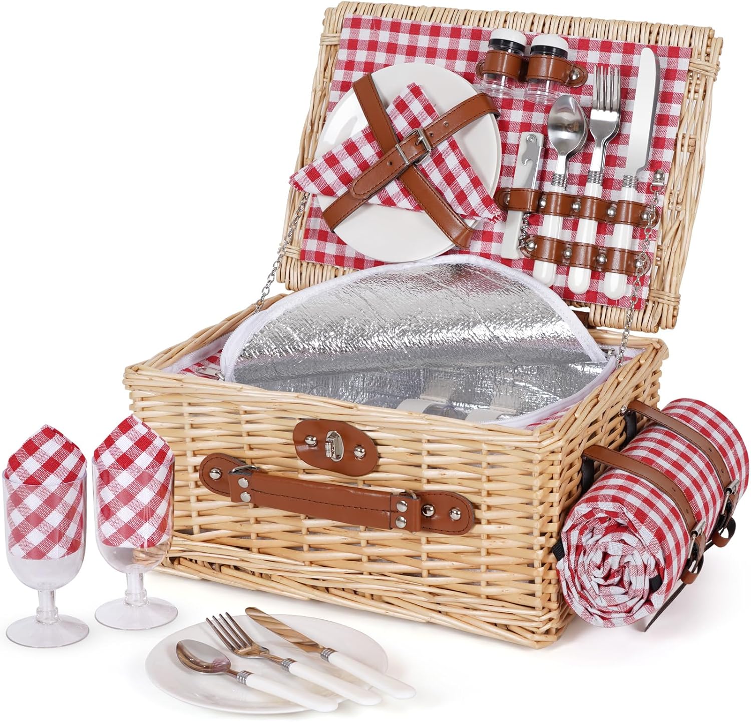 Handmade Wicker Picnic Basket Set for 2 with Blanket & Cutlery
