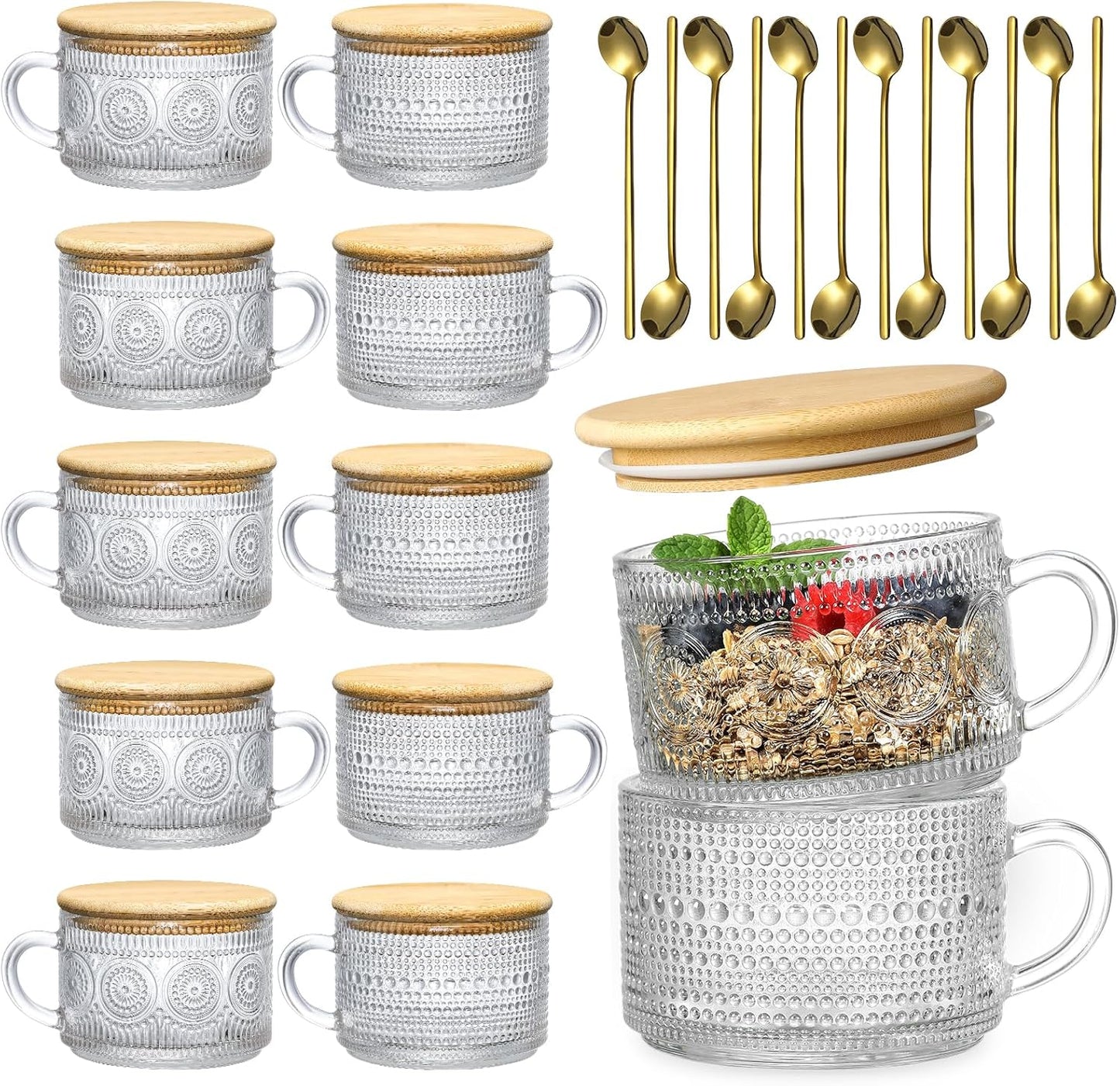 Vintage Coffee Glasses Set with Bamboo Lids and Spoons - 12pcs