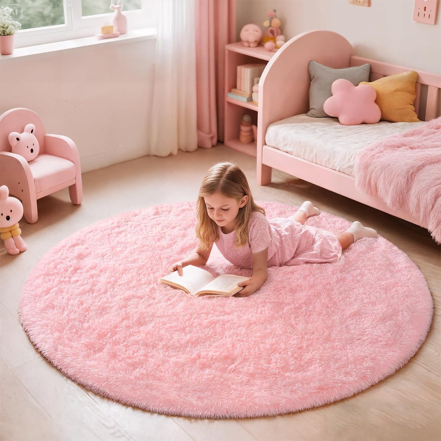 Pink Round Rug for Bedroom - Fluffy Circle Area Rug 5Ft