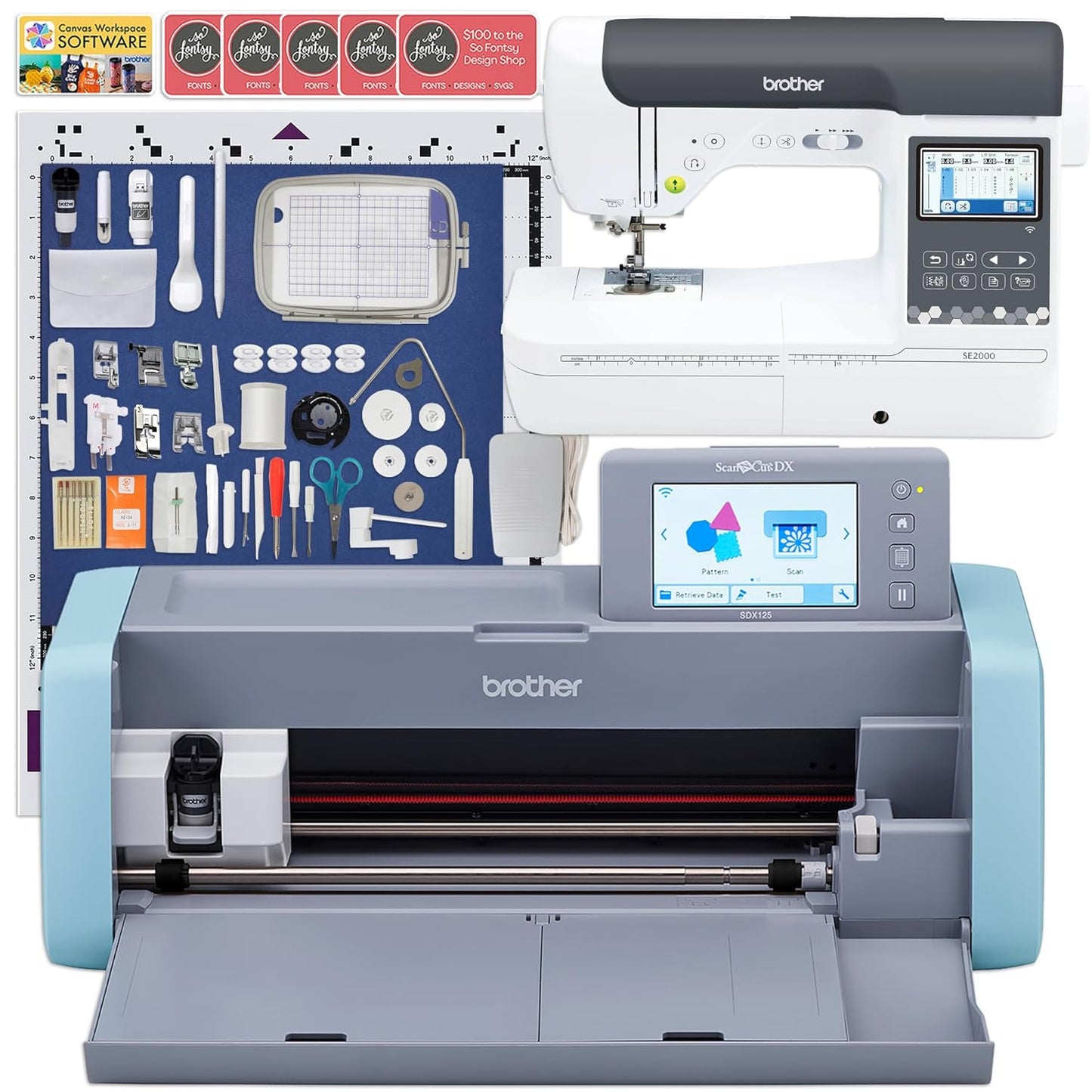Brother SE2000 5x7 Embroidery & Sewing Machine + ScanNCut SDX12E Vinyl Cutter