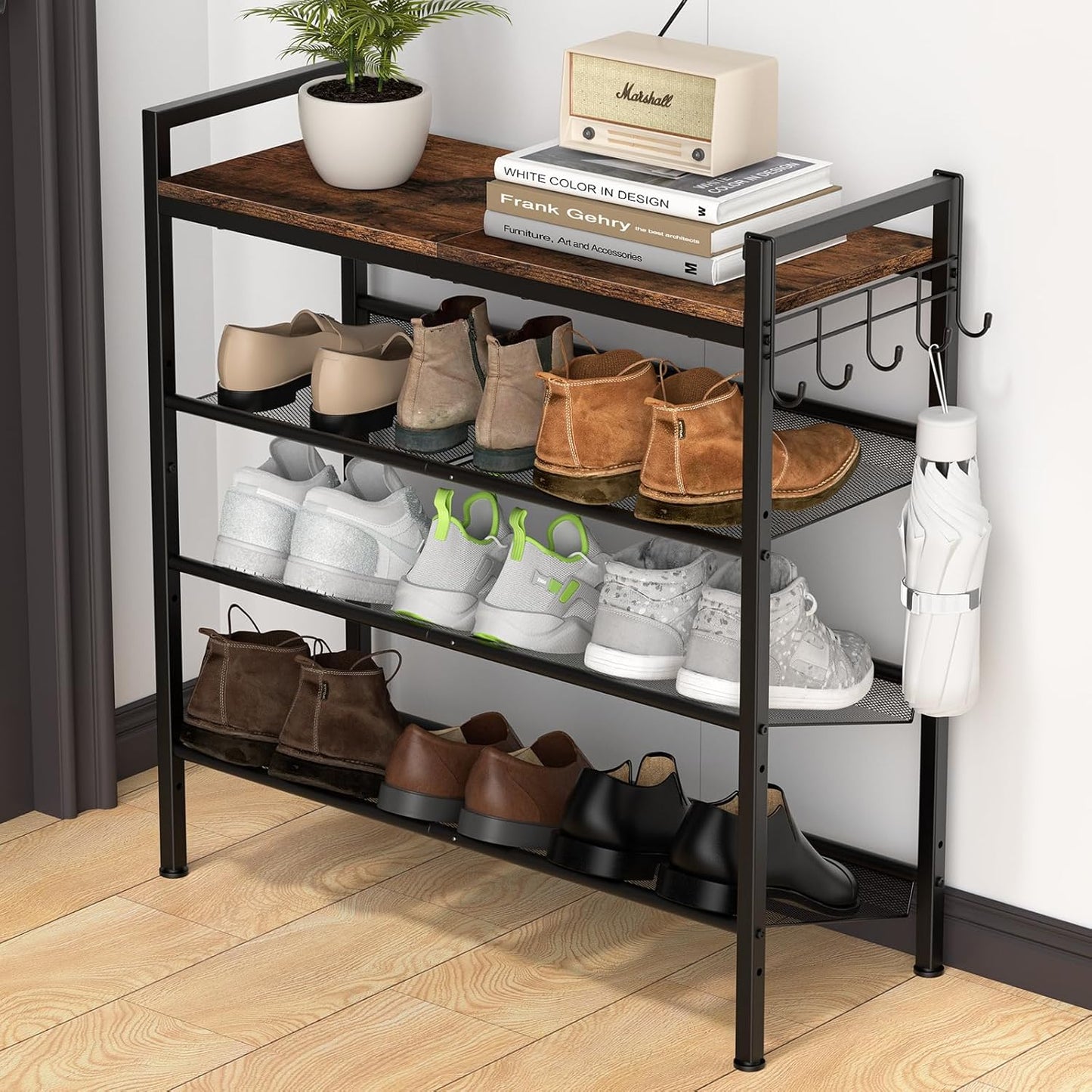 4 Tier Height-Adjustable Metal Shoe Rack for Entryway Storage