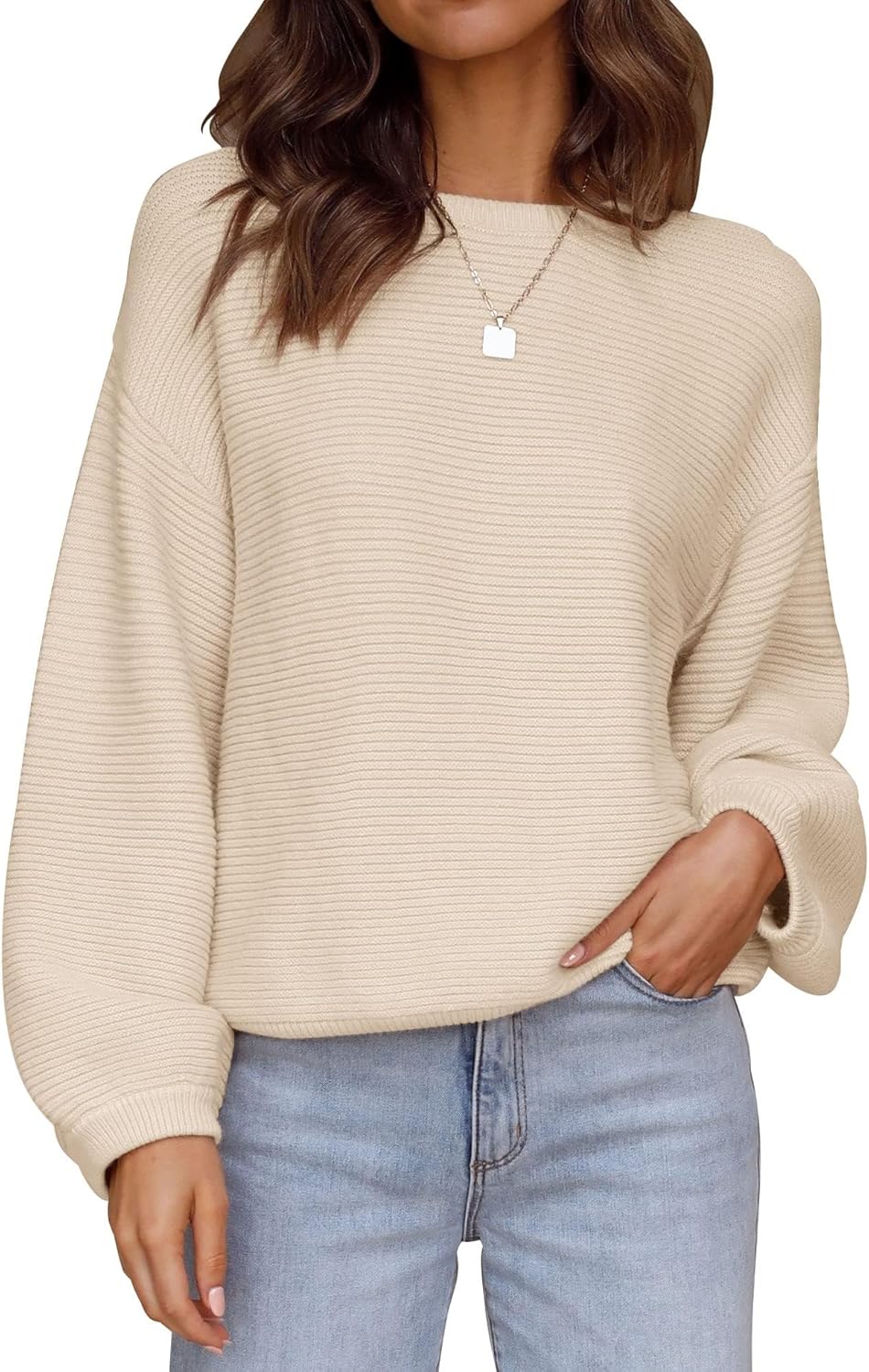 ZESICA Women's Crew Neck Lantern Sleeve Pullover Sweater Tops