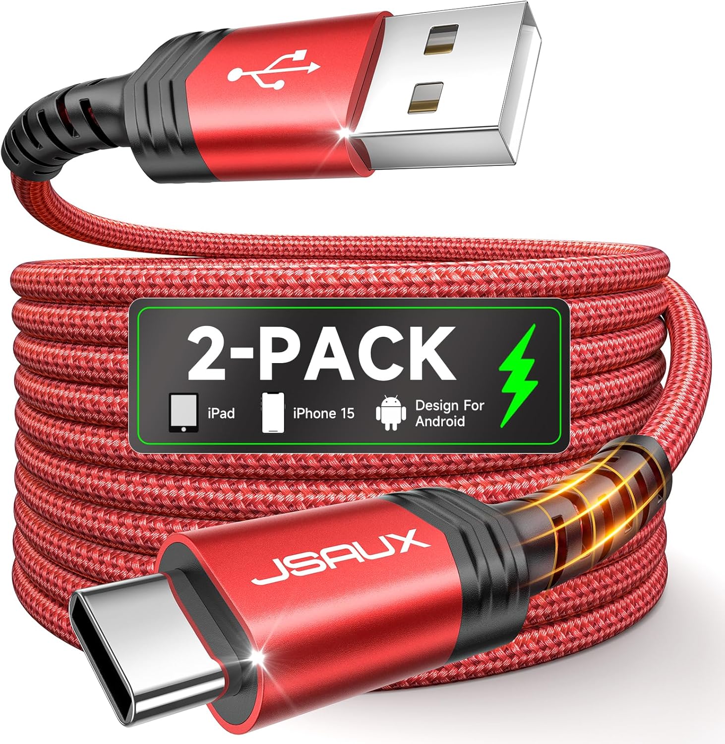 Fast Charge iPhone, Samsung - JSAUX USB C Cable [2-Pack 6.6ft]
