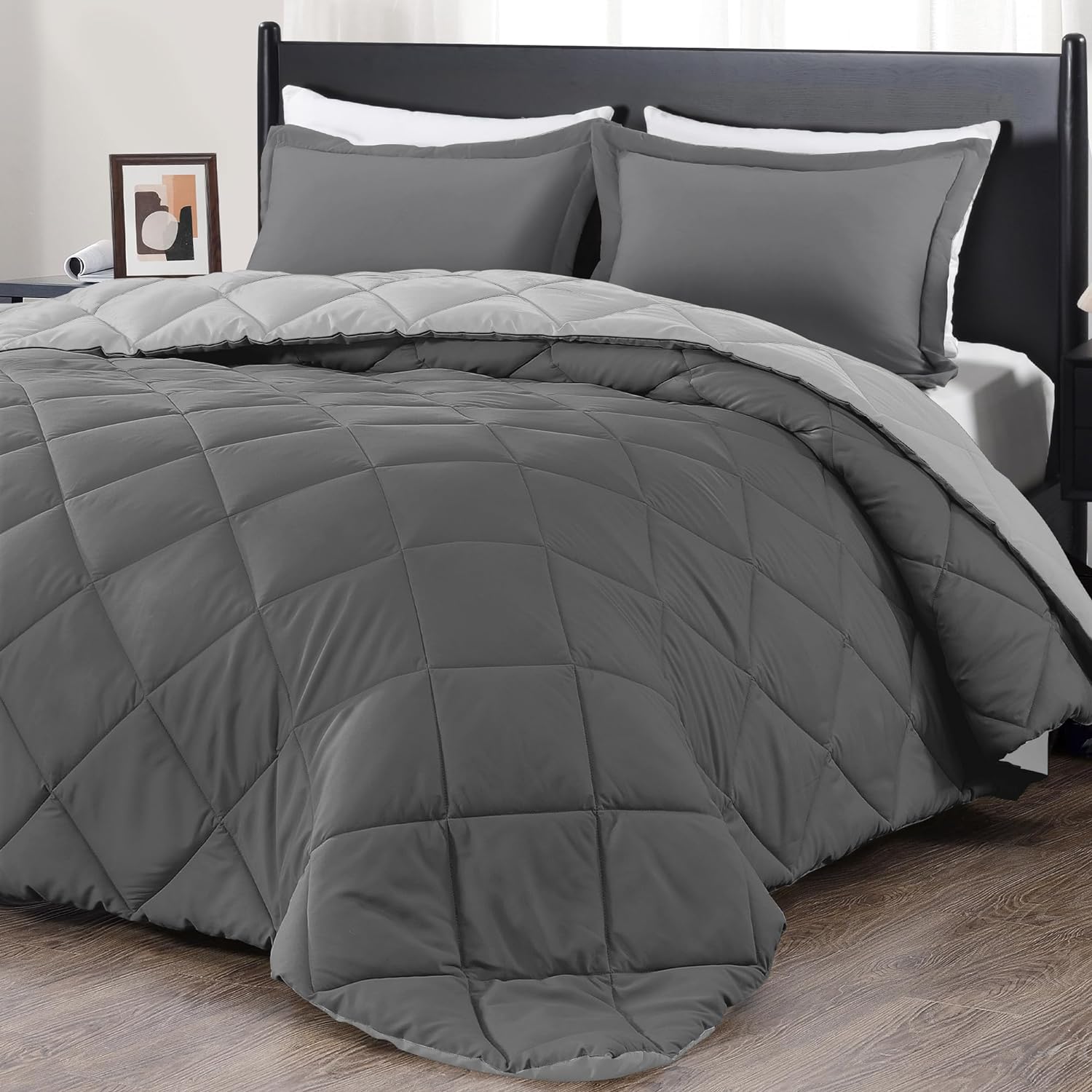 Downluxe Twin Comforter Set - Charcoal and Grey Soft Bedding