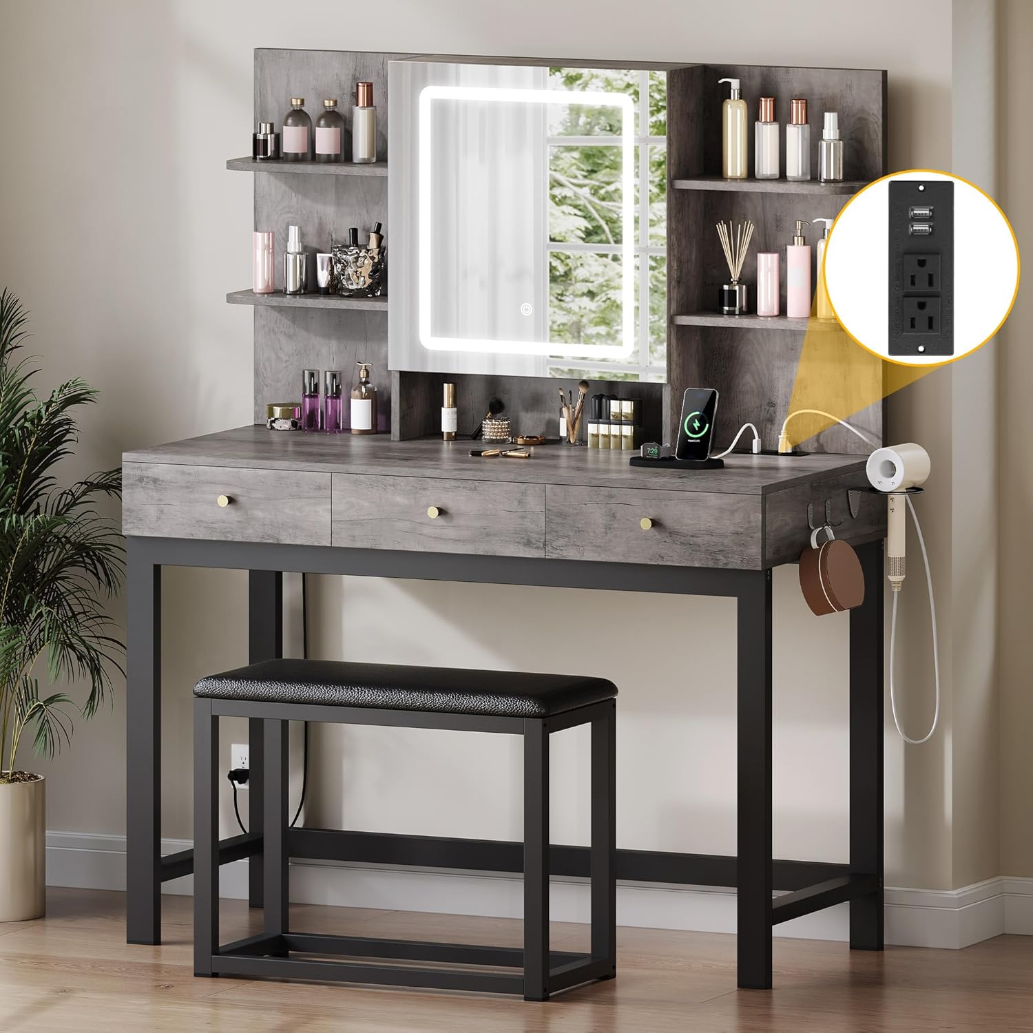 Retro Grey Vanity Desk: Hidden Jewelry Storage, 3 Lighting Colors!
