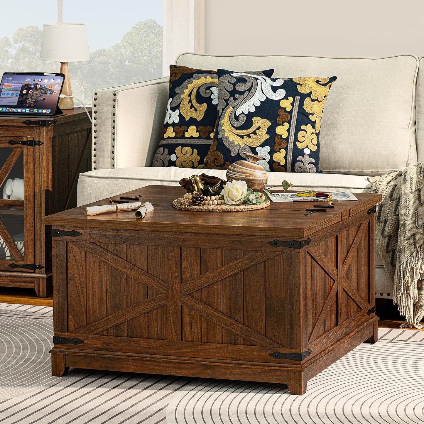 Farmhouse Coffee Table with Hidden Storage for Living Room