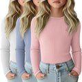 3 Pack Girls Long Sleeve Ribbed Cotton Layering Tops - Slim Fit Tees