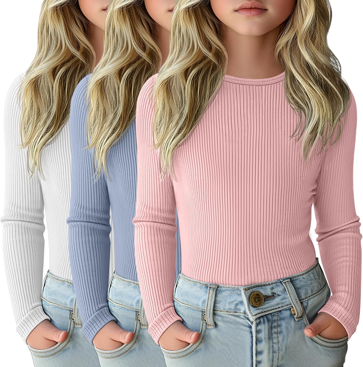 3 Pack Girls Long Sleeve Shirts for Casual Layering Tops