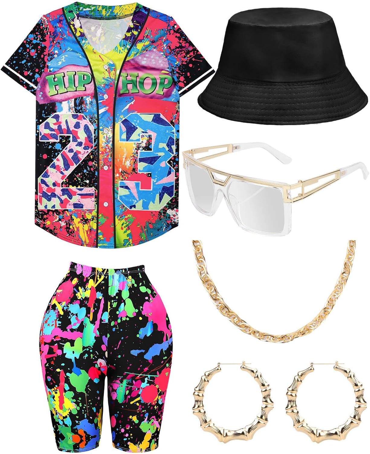 80s 90s Outfit for Women, Hip Hop Costume Set with Accessories