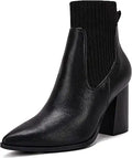 Pointed Toe Knit Sock Ankle Boots - Chunky Block Mid Heel
