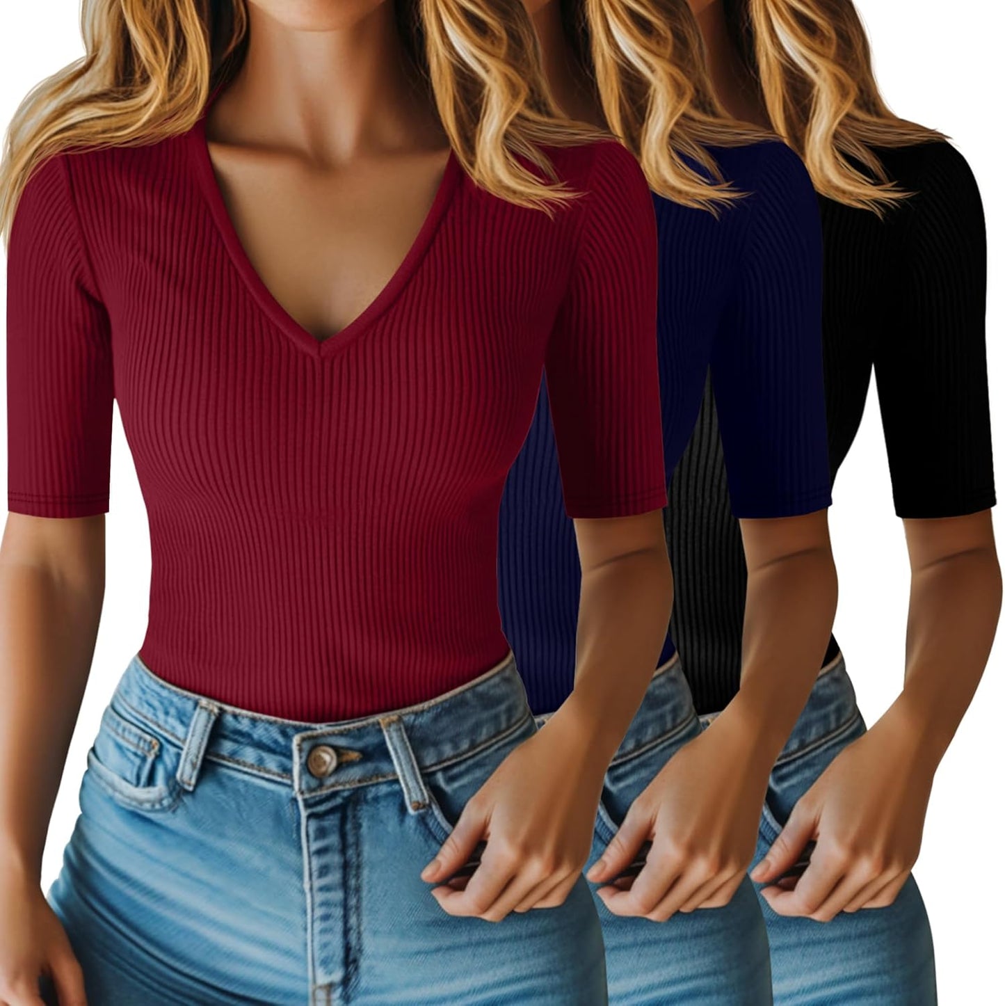 Riyiper Women's Half Sleeve Top V Neck Slim Fit Casual Blouses