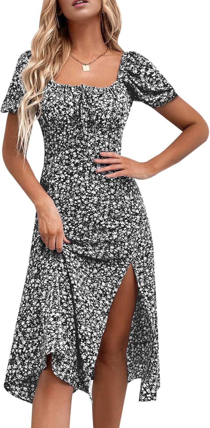 Floral Summer Casual Dress with Puff Sleeves for Women