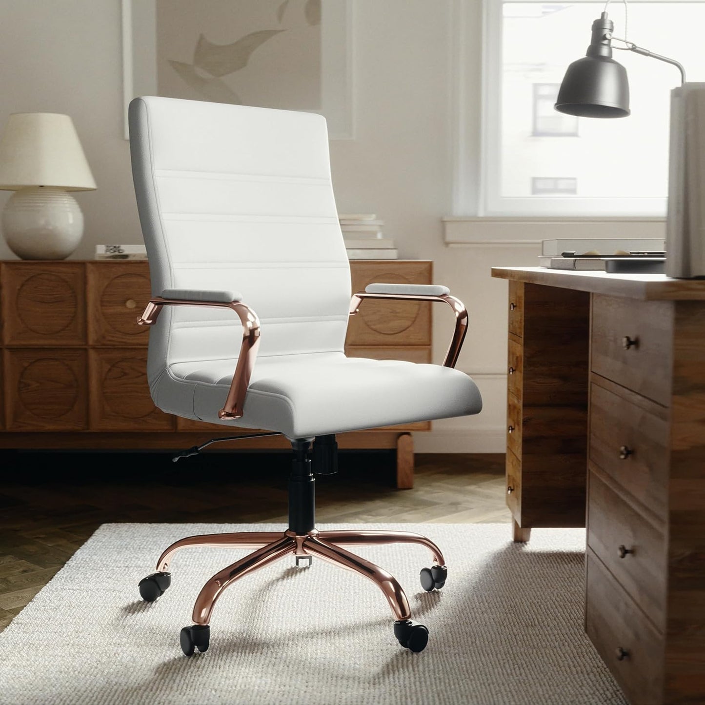 White Leather Executive Chair - Luxe Rose Gold Accents