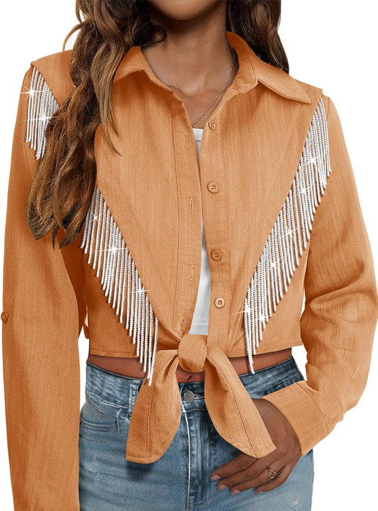 MYMORE Womens Sparkly Fringe Cropped Button Down Shirt for Cowgirls
