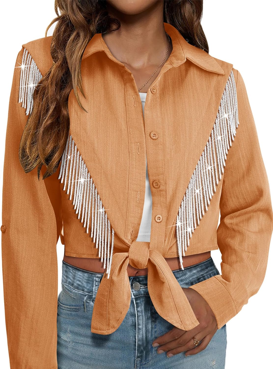 MYMORE Womens Sparkly Fringe Cropped Button Down Shirt for Cowgirls