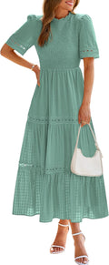 Summer Dresses for Women 2025 Casual Boho Hollow Out Smocked Maxi