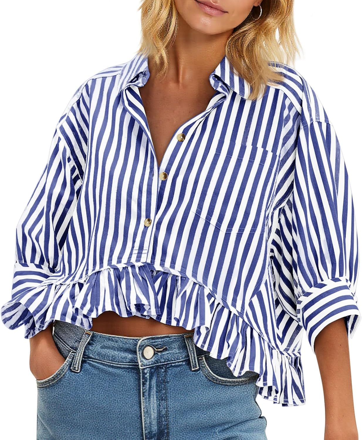 Cropped Striped Button Down Shirts for Women by Cicy Bell