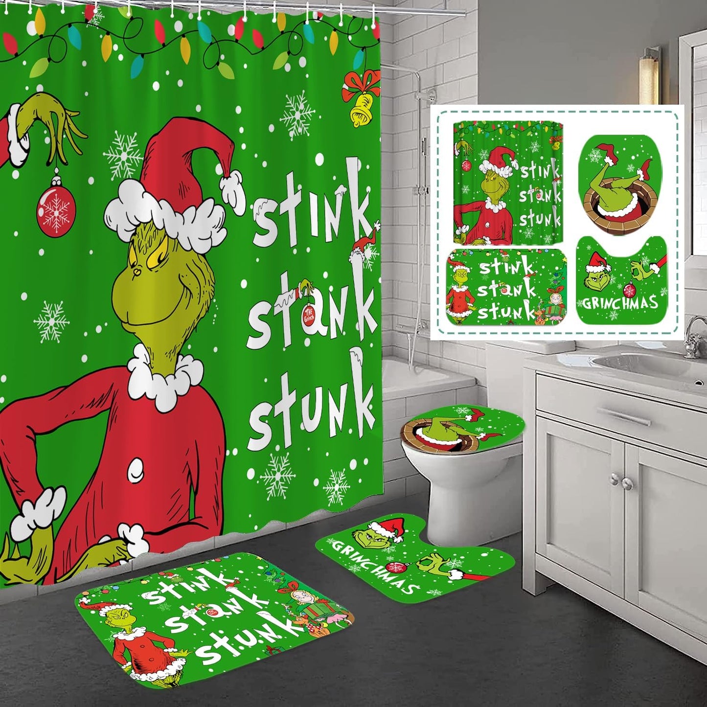 Christmas Bathroom Set: Festive Xmas Decor 4 Pcs - Non-Slip, Green 71x71