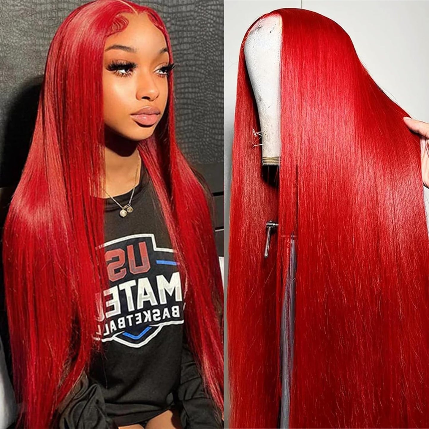 Red Lace Front Wigs Human Hair 26 Inch Straight Burgundy Wig