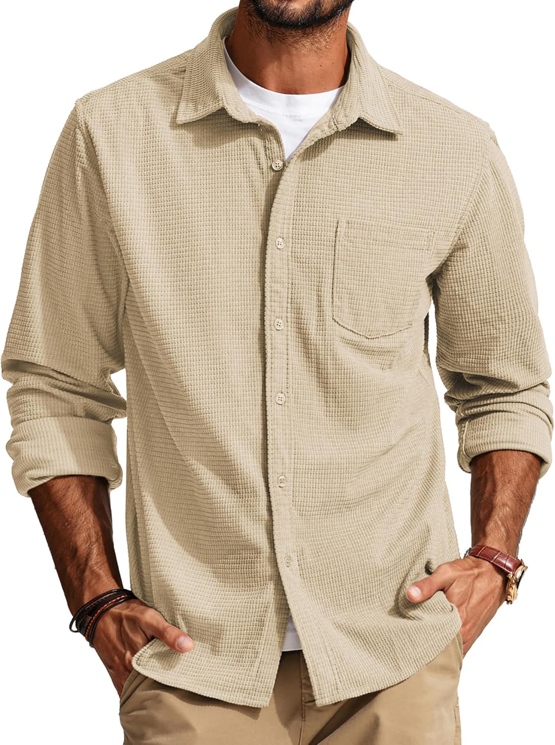 PJ PAUL JONES Men's Long Sleeve Waffle Button Down Shirt Review