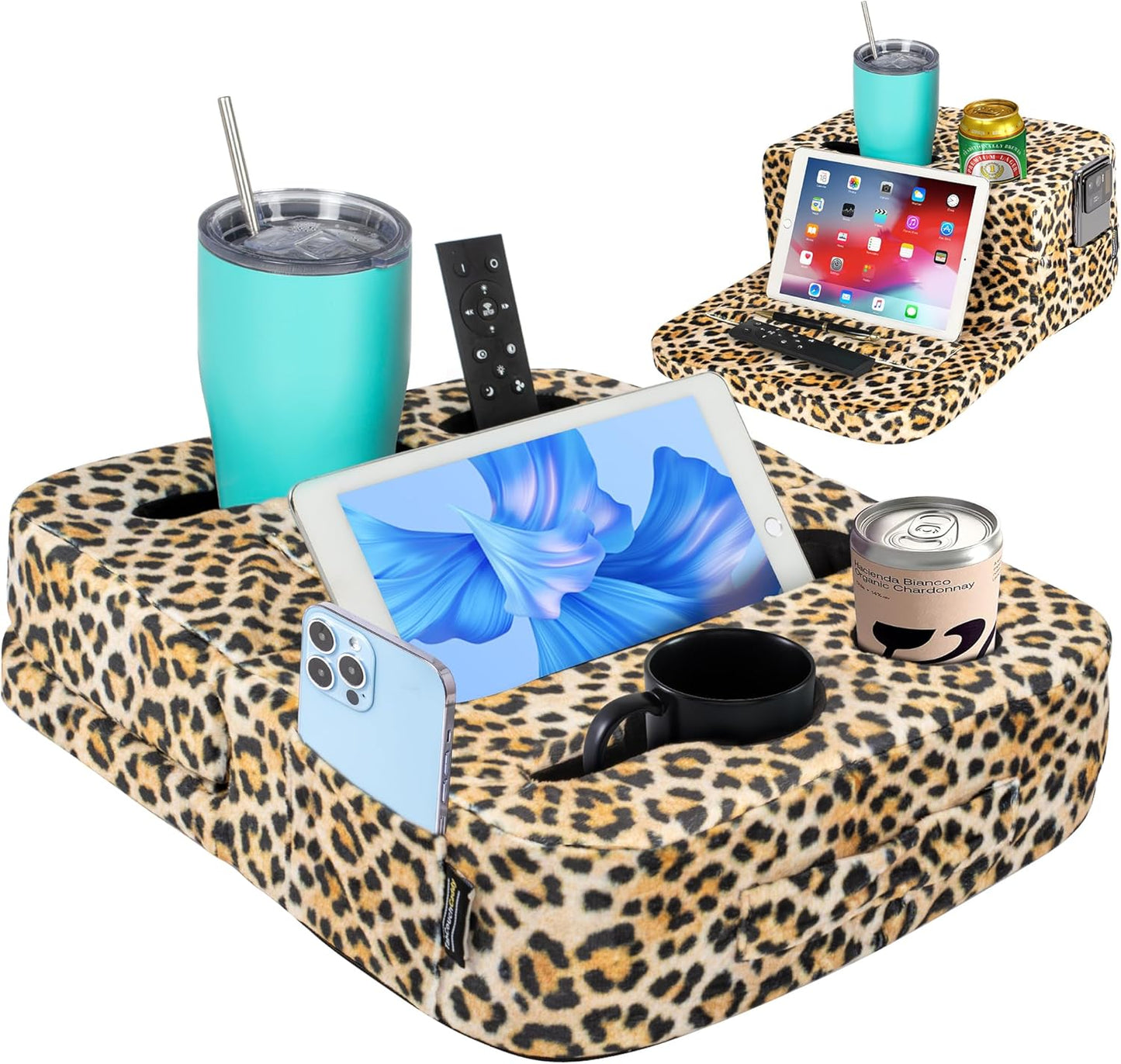 Couch Cup Holder Tray Pillow for Drinks and Snacks - Leopard