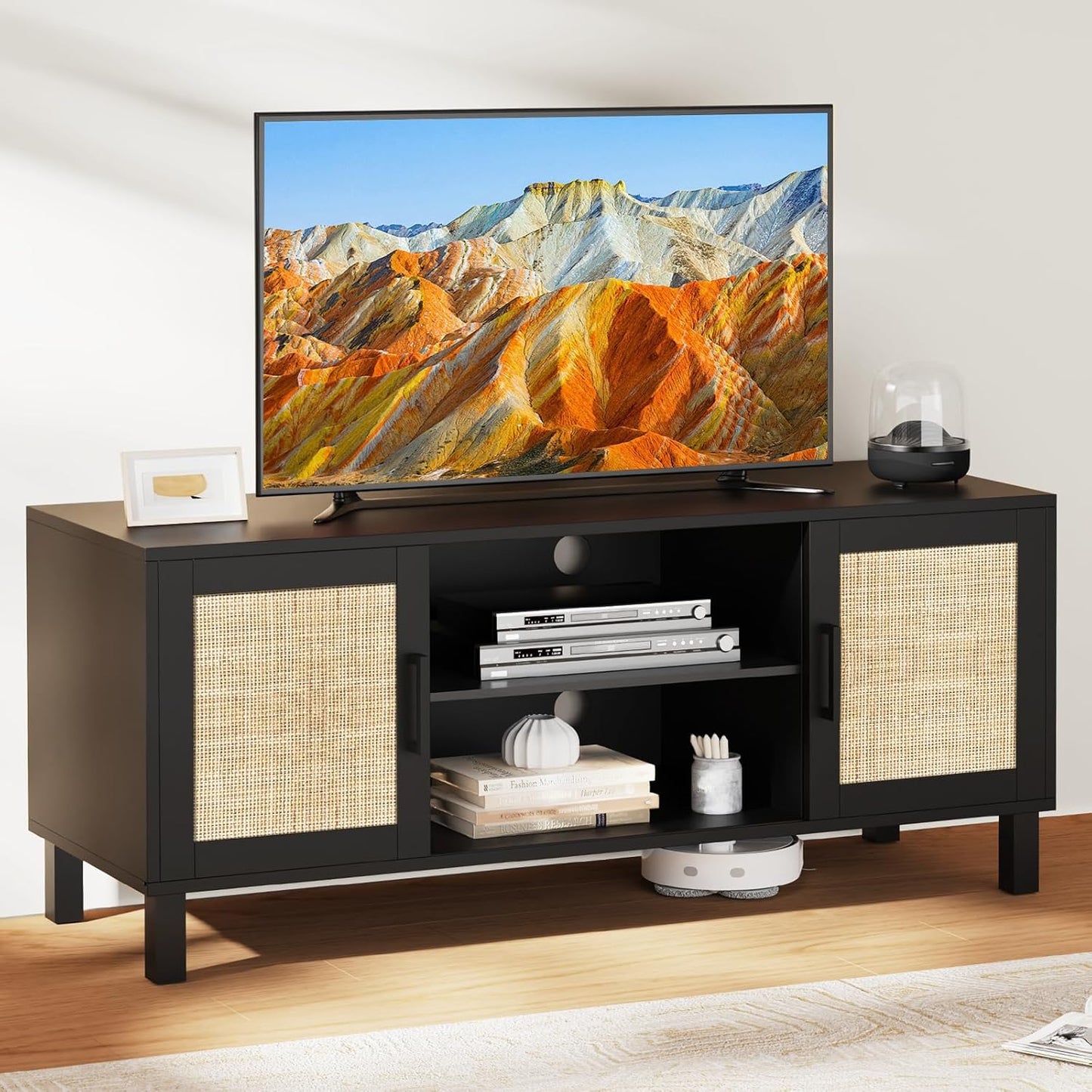 Boho TV Stand: Stylish Rattan Doors, Ample Storage