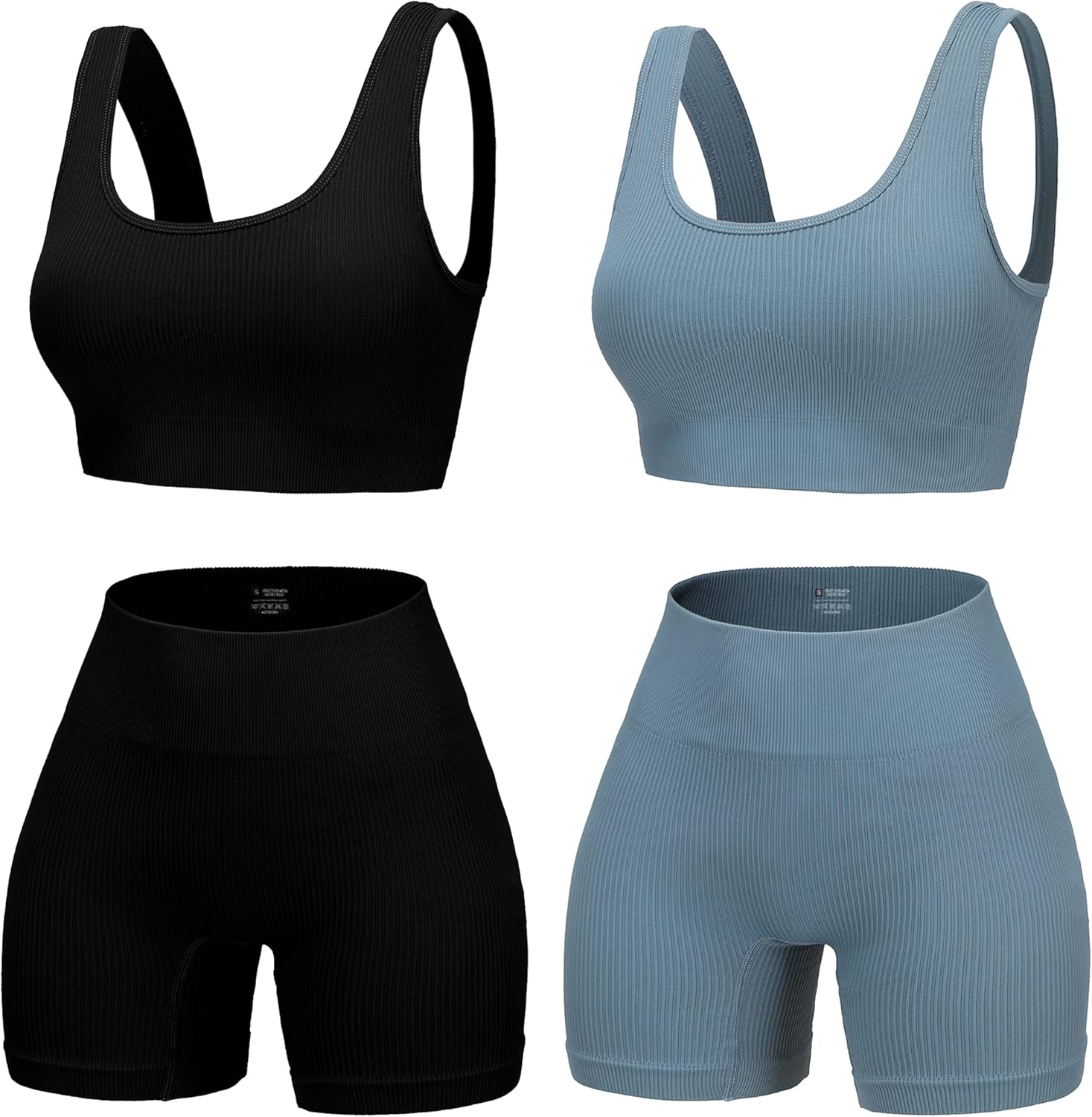 4 Piece Workout Sets for Women Seamless Ribbed High Waist Shorts