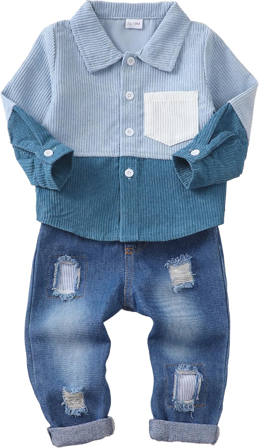 Toddler Baby Boy Clothes Set with Plaid Shirt and Ripped Jeans