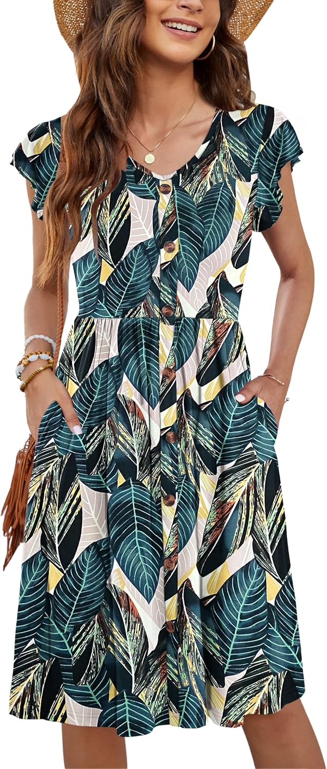 WNEEDU Women Summer Dresses Casual Loose Swing Midi Dress