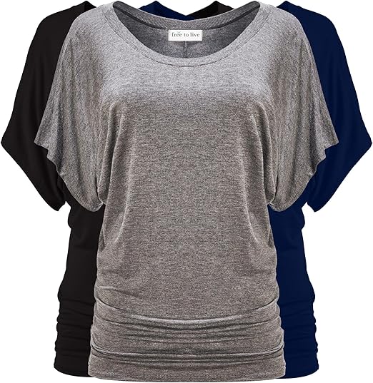 Free to Live 3 Pack Women's Dolman Short Sleeve Tunic Tops