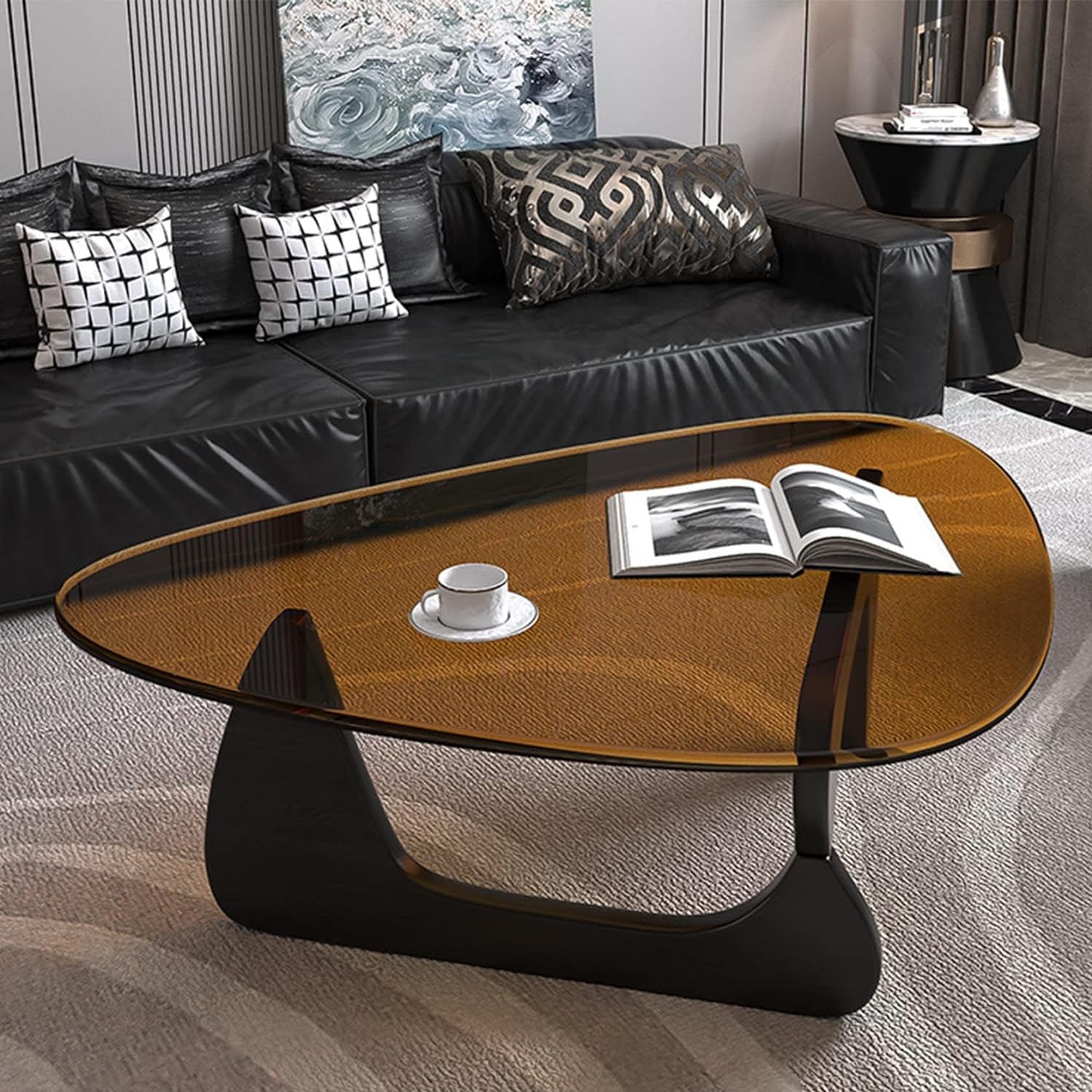 Vintage Triangle Glass Coffee Table, Solid Wood Base