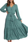 Womens Long Sleeve Wrap Chiffon Ruffle Maxi Dress - Flowy Tie Waist