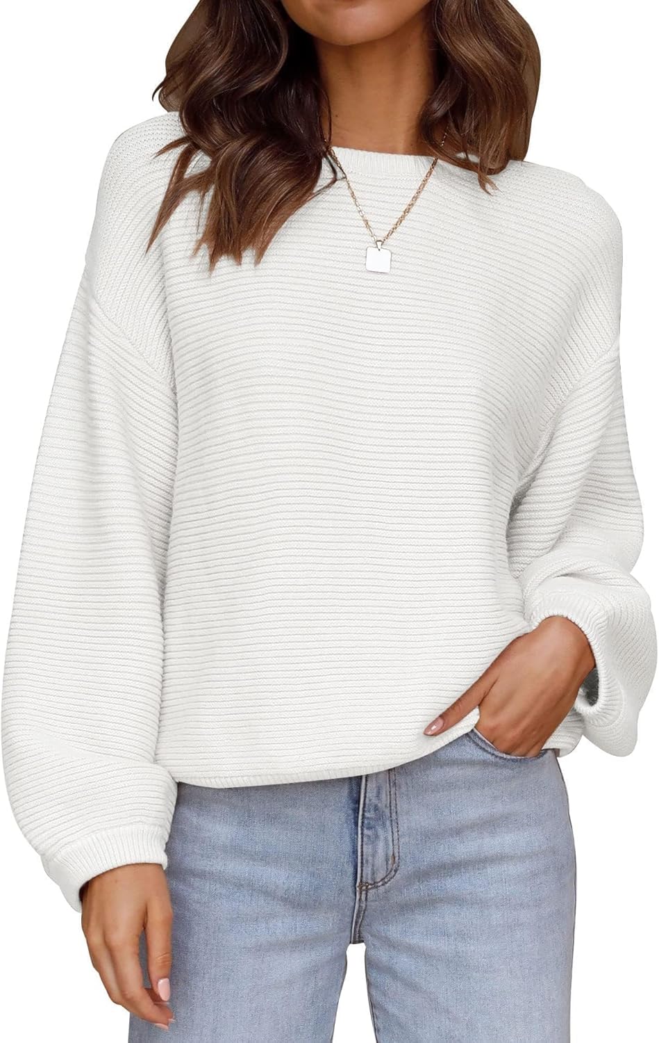 ZESICA Women's Crew Neck Lantern Sleeve Pullover Sweater Tops