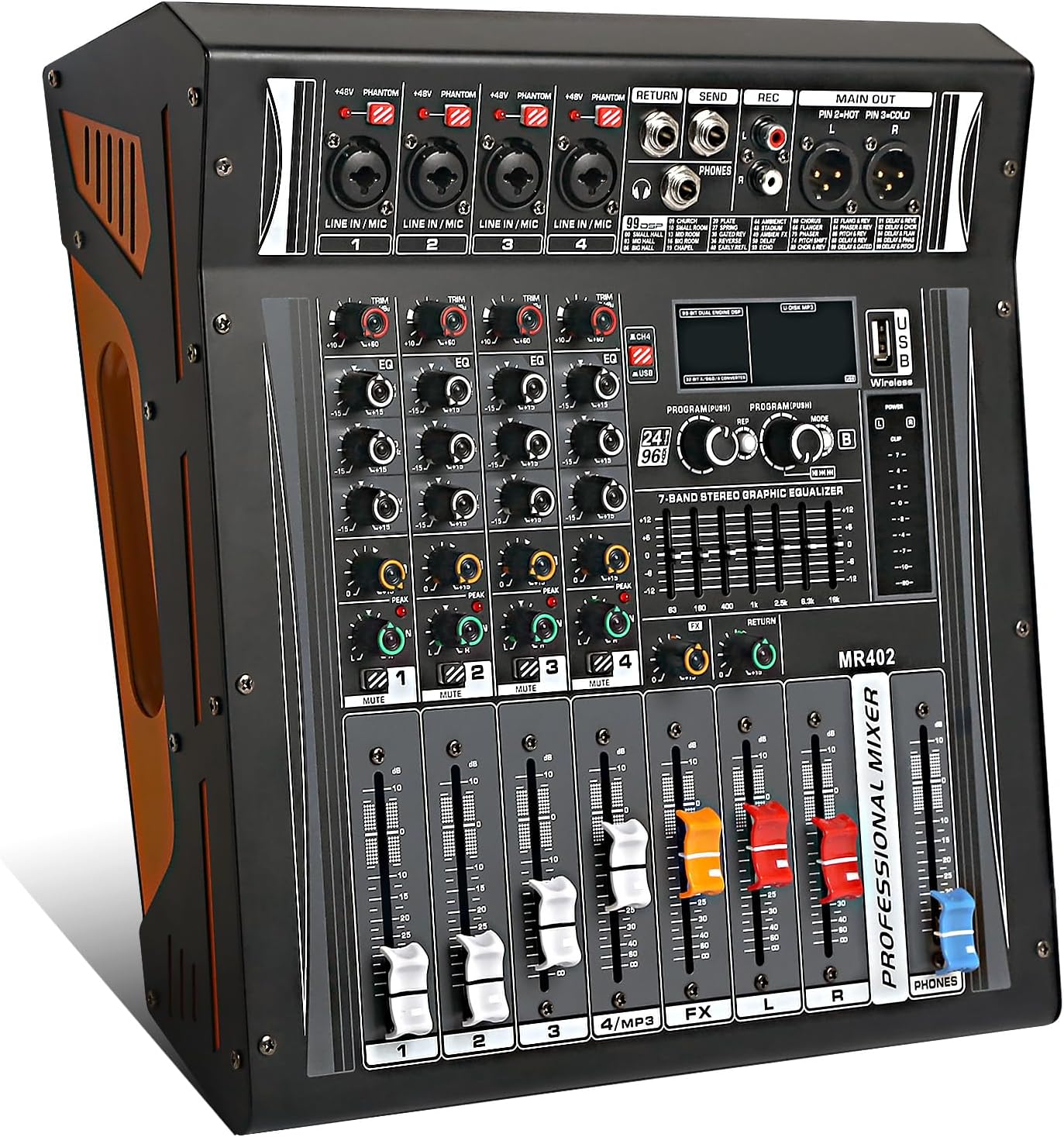 4 Channel Audio Mixer with 48V Phantom Power and DSP Effects