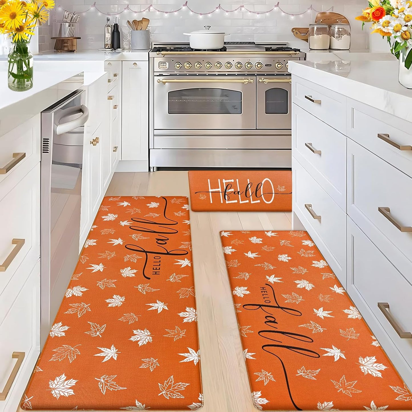 Hello Fall Kitchen Mats for Floor - Anti Fatigue Maple Leaf Rugs