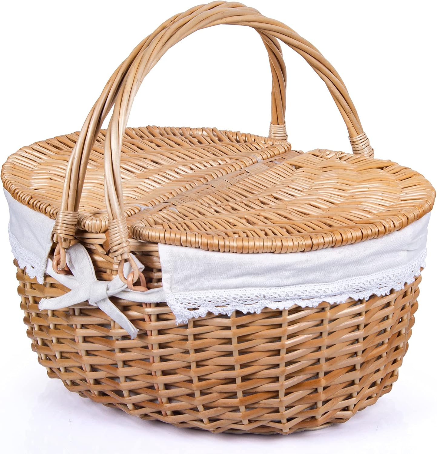 Wicker Picnic Basket with Lid for Outdoor Camping and More