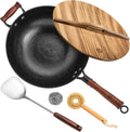 13.4 in Traditional Cast Iron Wok with Wooden Lid and Spatula - Flat