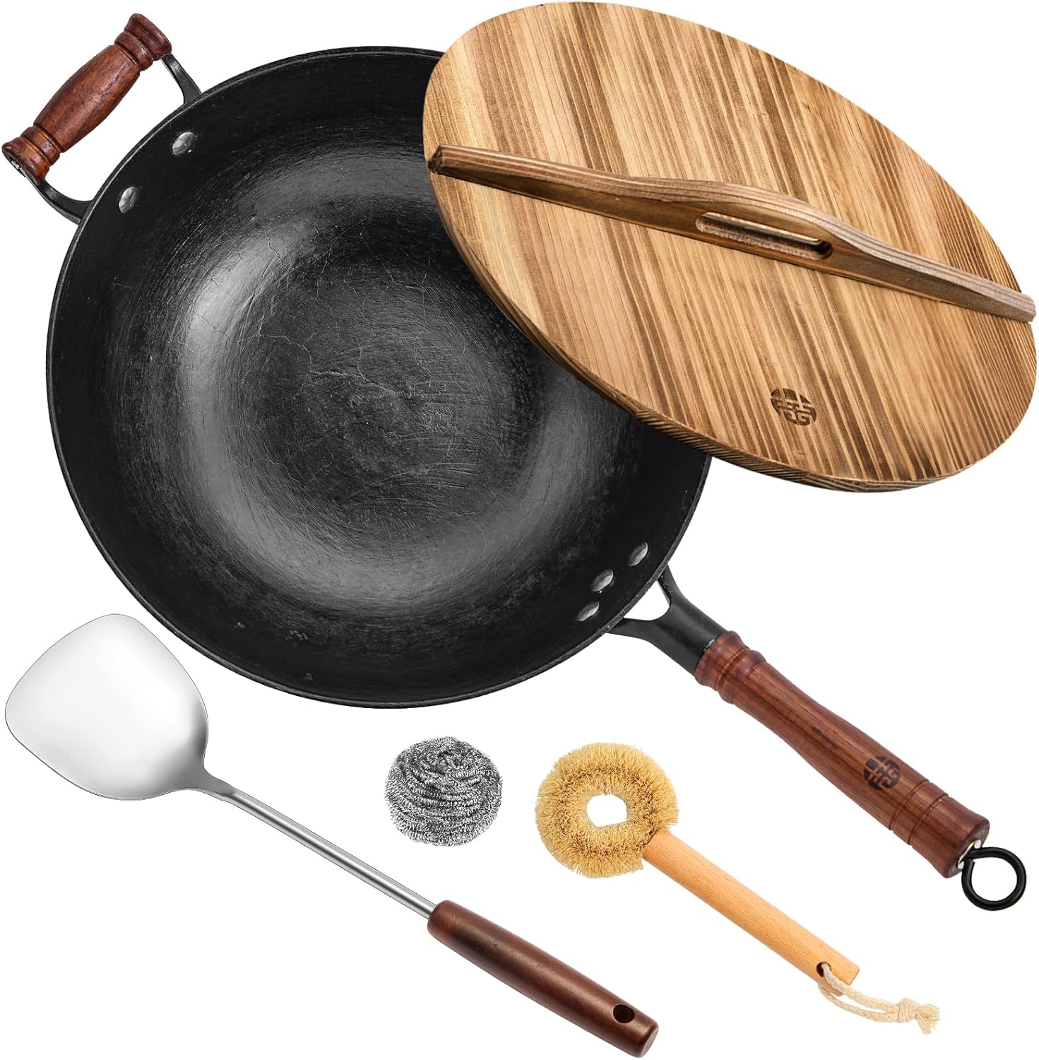 Traditional Cast Iron Wok Set with Wooden Lid and Spatula
