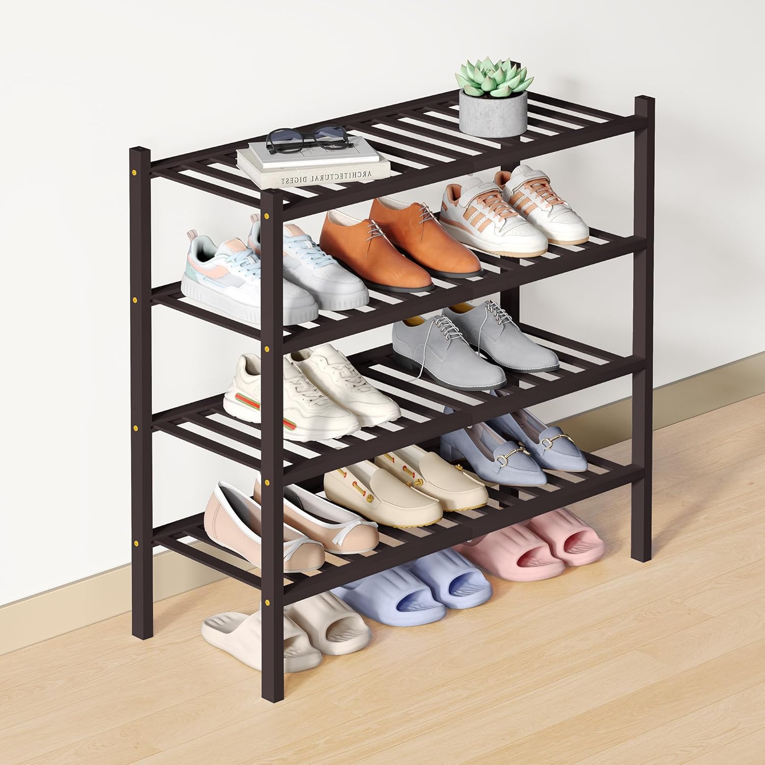 Smiry Bamboo Shoe Rack: Stylish 4 Tier Wooden Organizer for Entryway