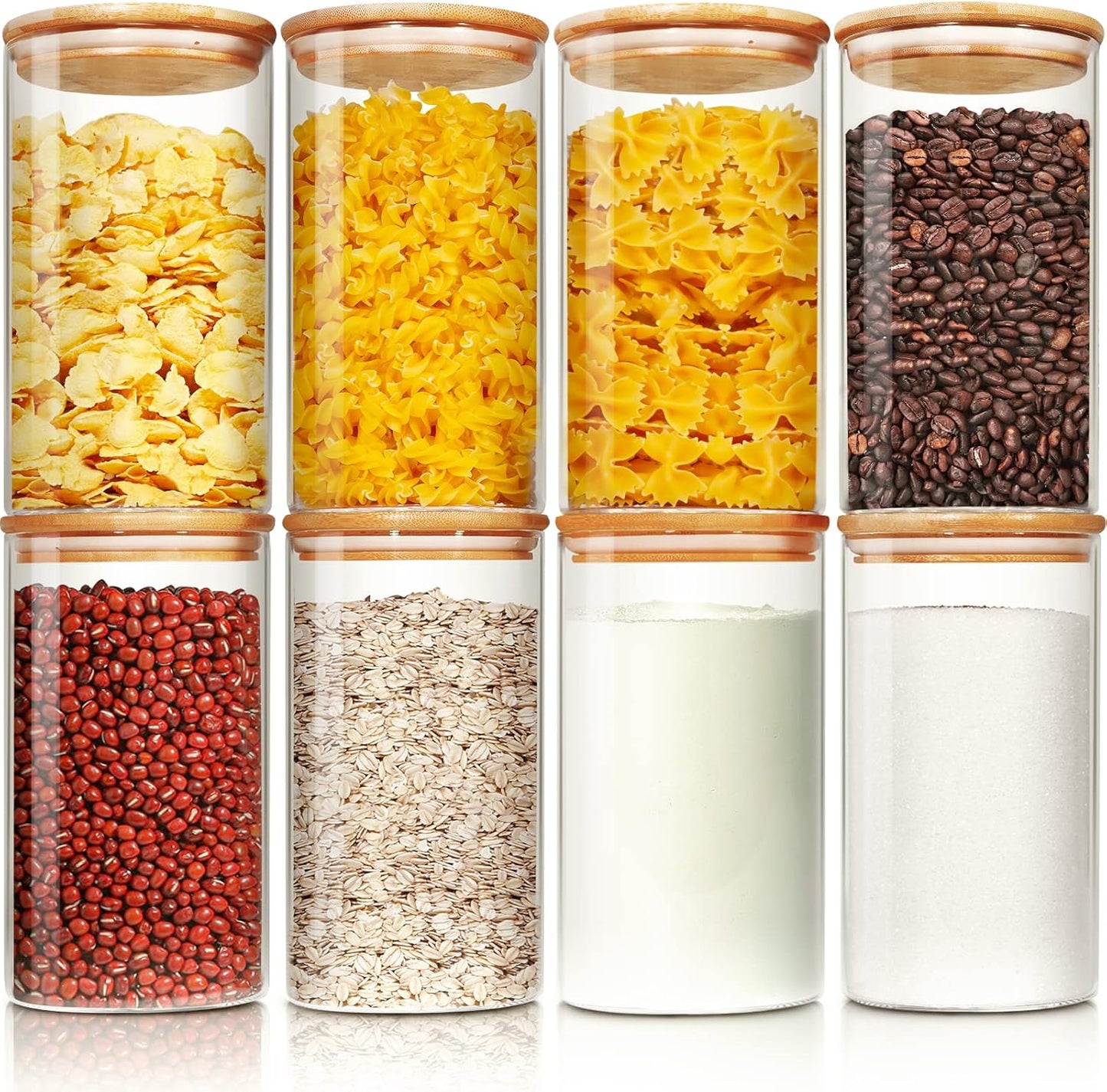 Glass Jars with Bamboo Lids Set of 8 for Kitchen Storage