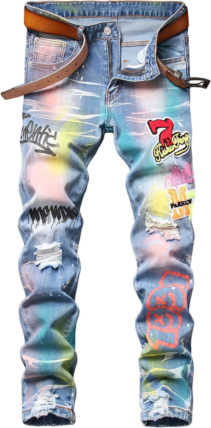 Baylvn Men's Designer Slim Fit Patchwork Jeans for Comfort