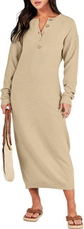 Women Long Sleeve Waffle Knit Midi Sweater Dress - Cozy Oversized Fit
