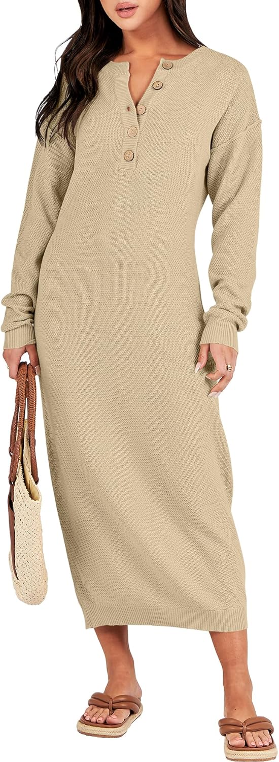ANRABESS Women Long Sleeve V Neck Oversized Midi Sweater Dress