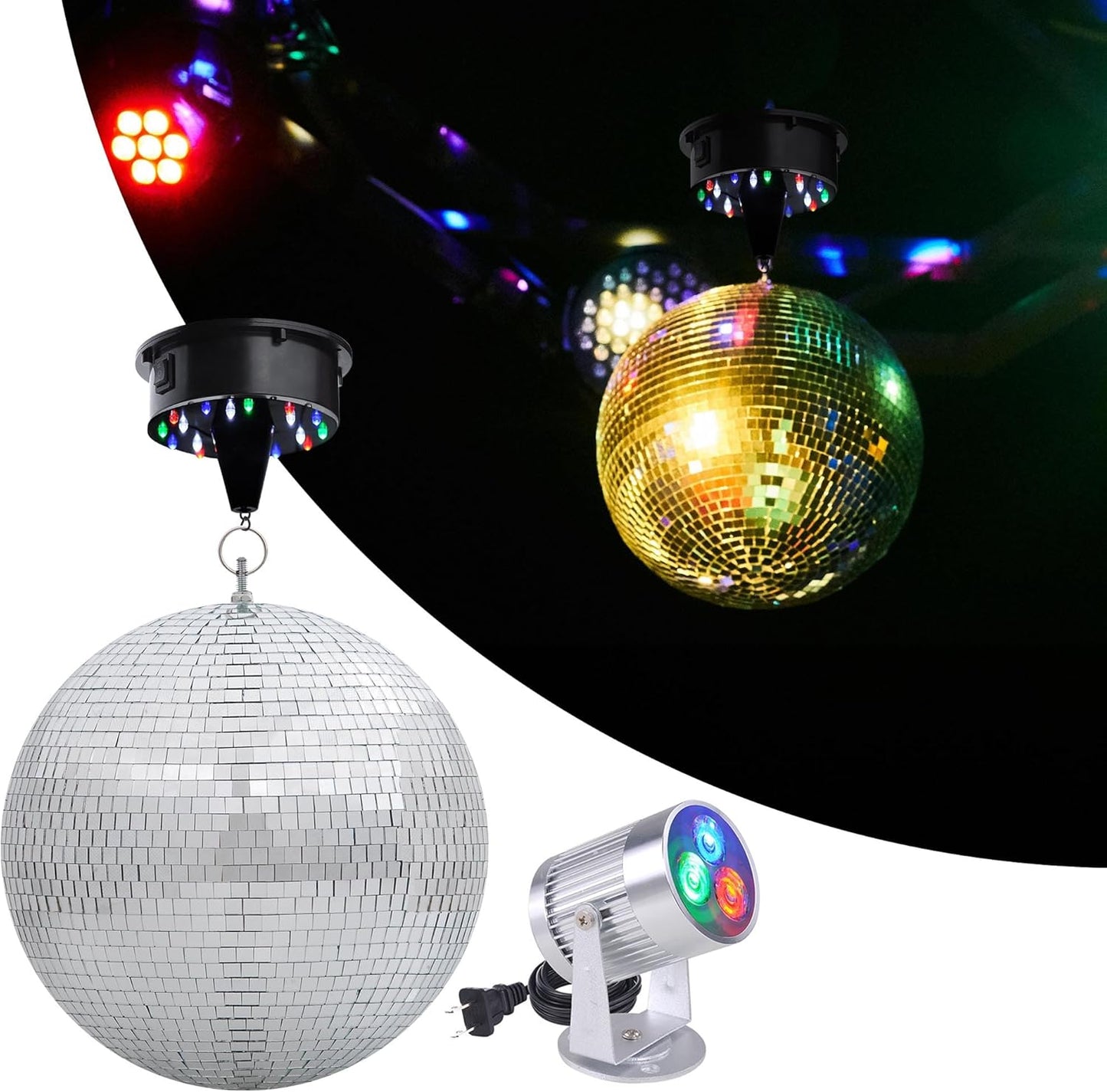 12in Large Mirror Disco Ball with Rotating Motor & LED Lights