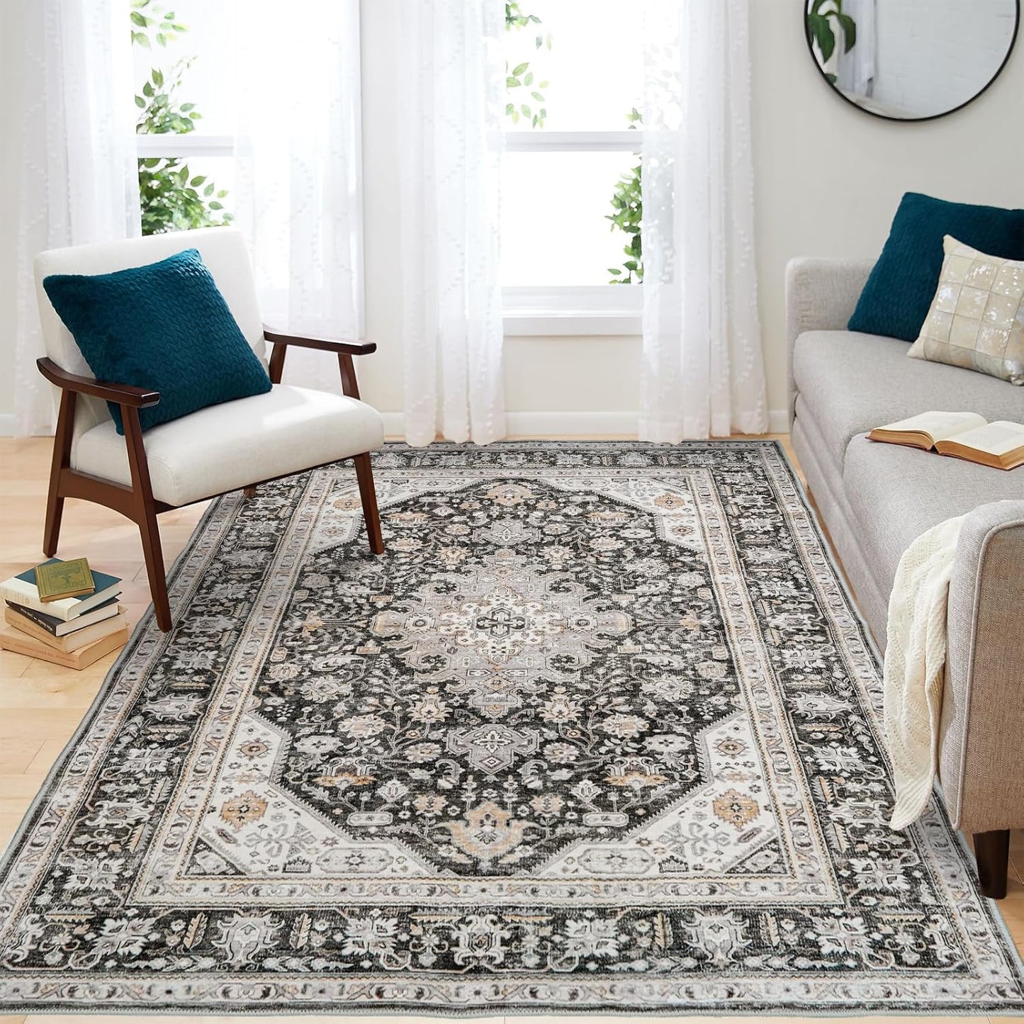 Washable Area Rug 5x7 Soft Vintage Design for Living Room