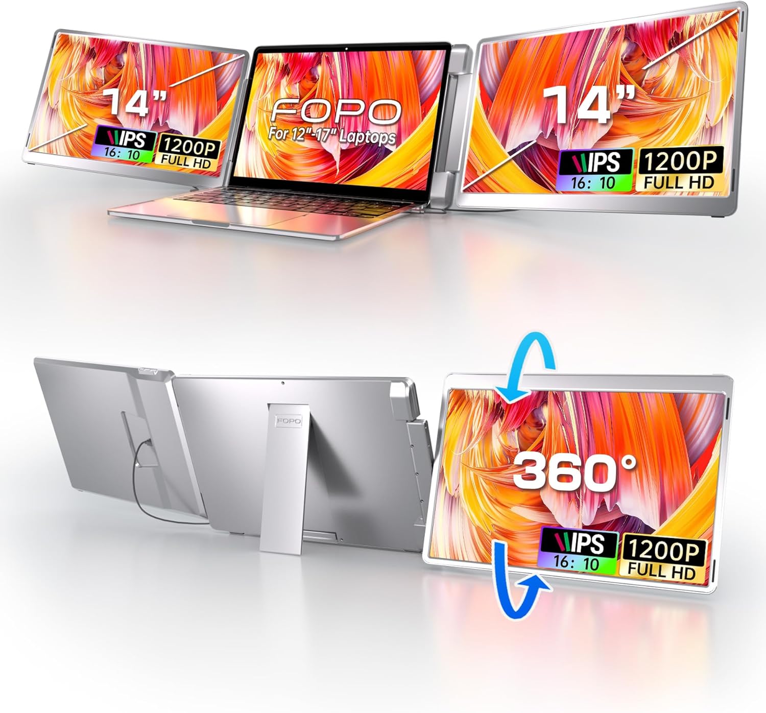 Triple Monitor Laptop Extender - FHD 1200P 16:10 Portable Screen for 12-17 Laptops - Plug & Play