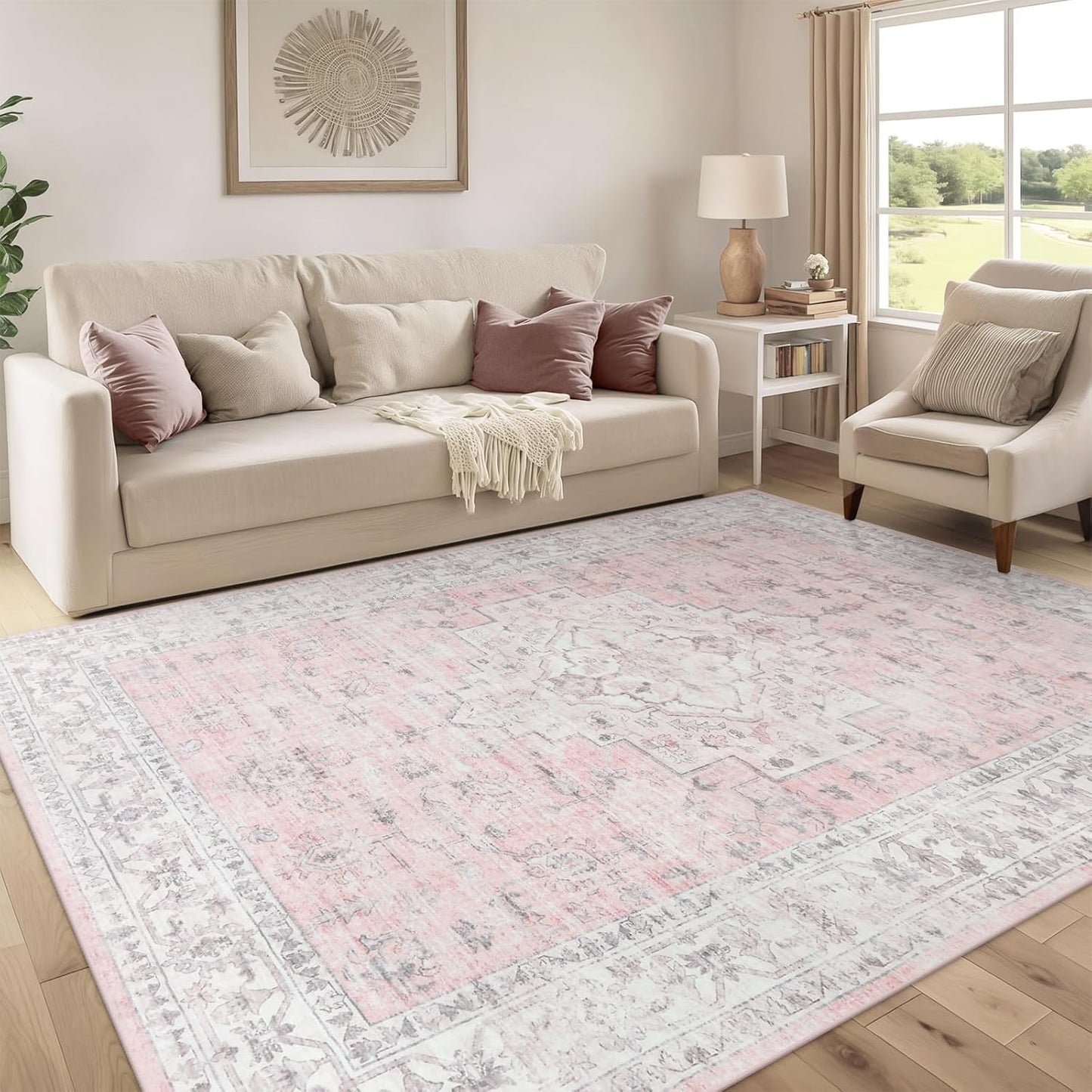 LIVEBOX Pink 6x9 Area Rug for Bedroom Girls, Boho Washable