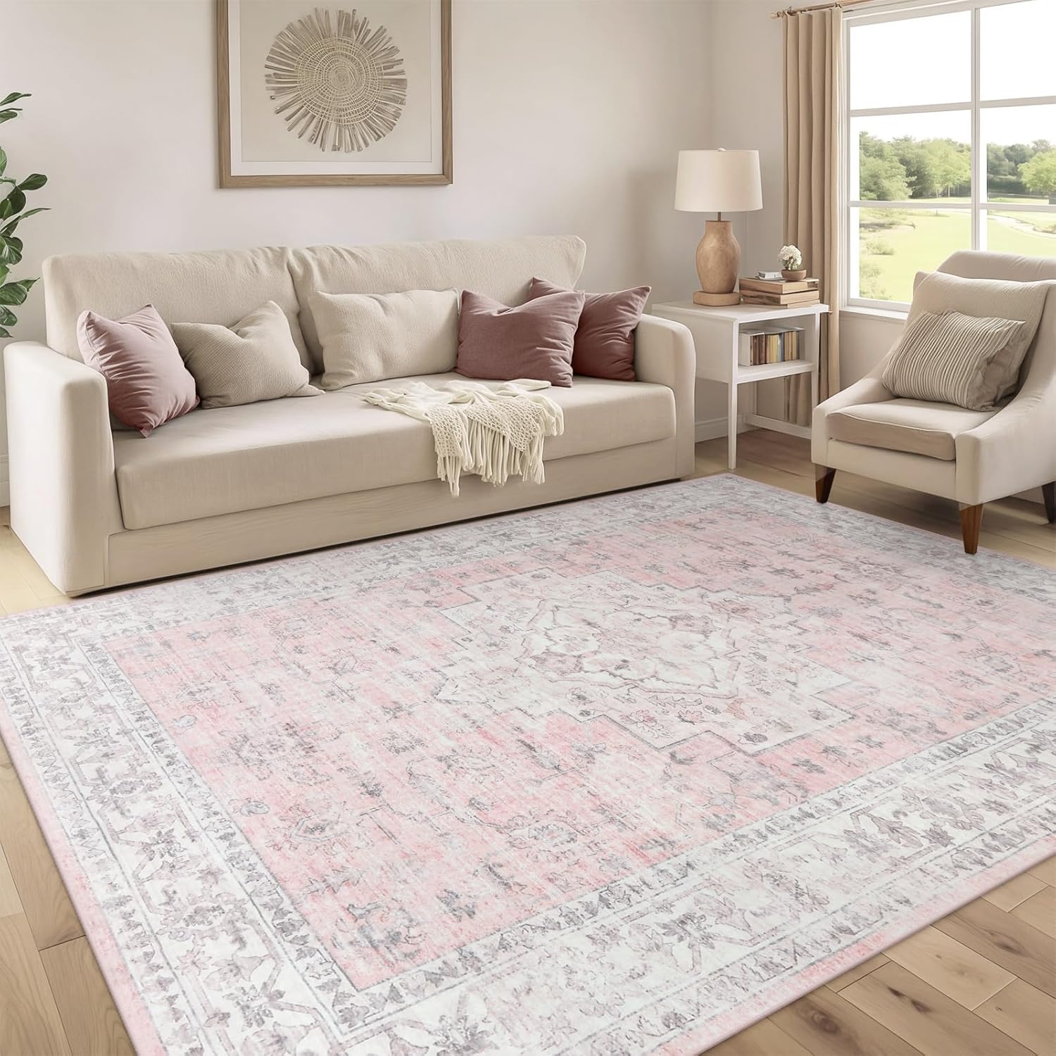 LIVEBOX Pink 6x9 Area Rug for Bedroom Girls, Boho Washable