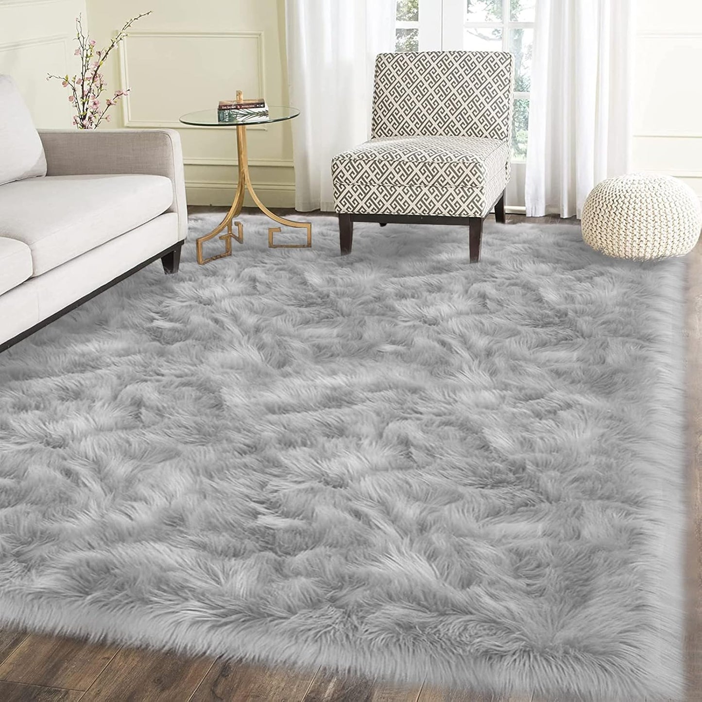Latepis Washable 5x7 Grey Faux Fur Rugs for Cozy Home Decor