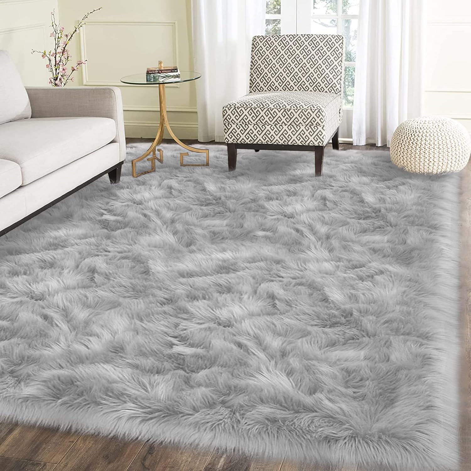 Latepis Washable 5x7 Grey Faux Fur Rugs for Cozy Home Decor